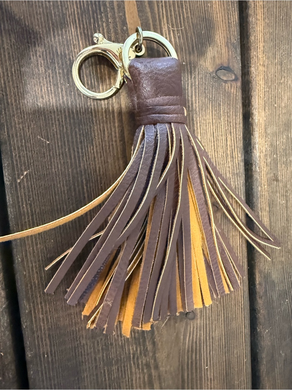 Itzy Ritzy Brown and Mustard Leather Tassel Keychain